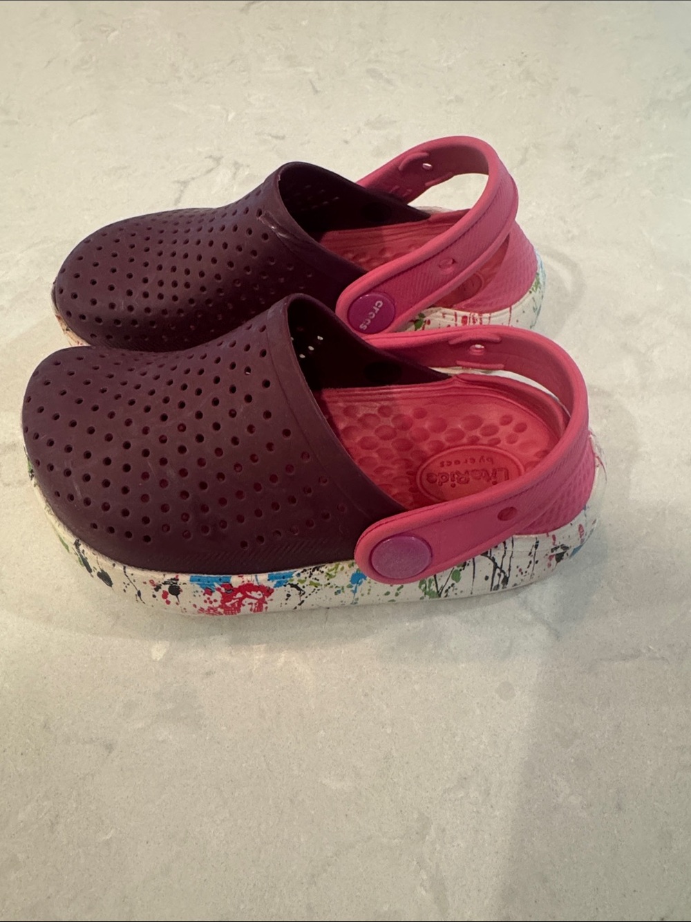 CROCS Literide Kids Maroon Clogs with Pink Strap and Paint-Splatter Sole Size 9C